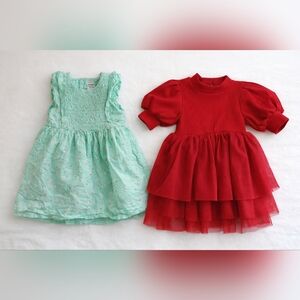 LToddler Girl Dress Bundle 12M – Mint Floral + Red Tulle Party Dress